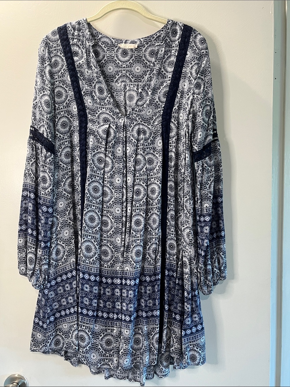 Boho Navy and White Printed Peasant Tunic Dress, Altered State S
